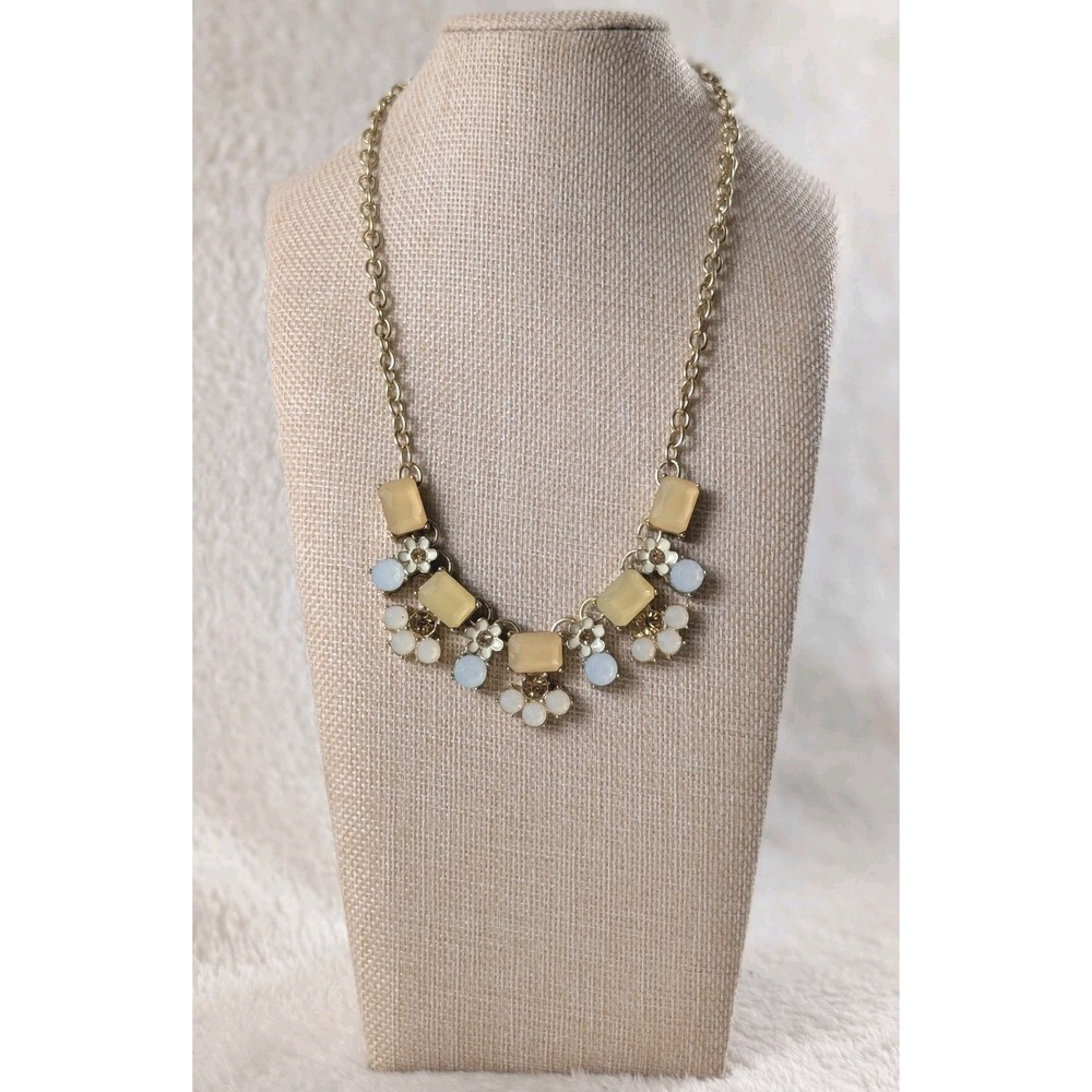 Gold Tone Statement Necklace Cream Beige Opalescent Stones Floral - Picture 2 of 3